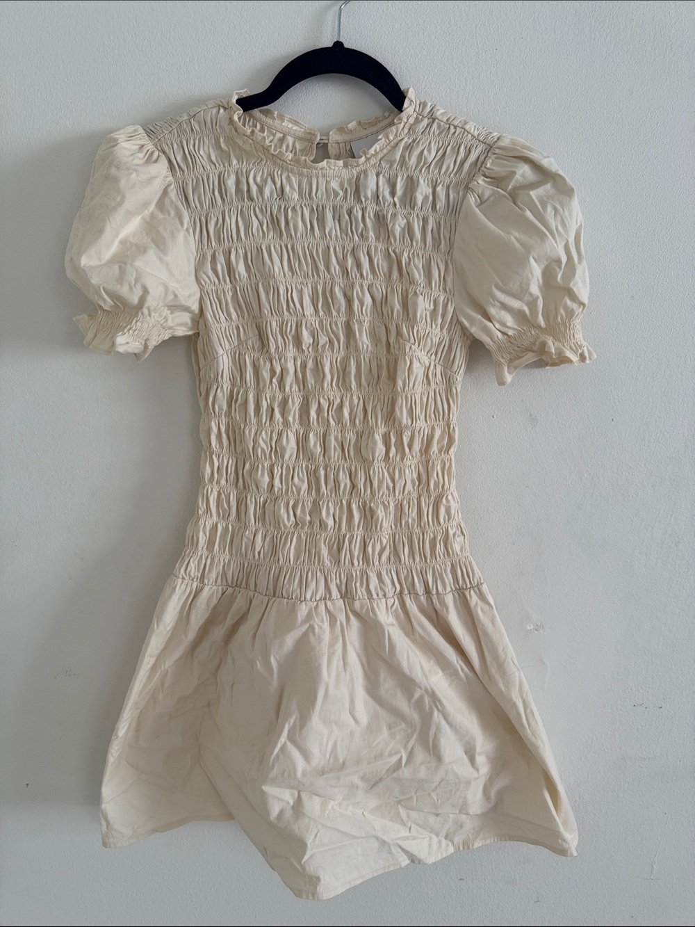 Reformation Smocked Puff Sleeve Cream Mini Dress